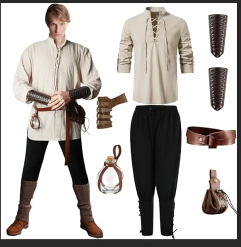 PLULON 9-teiliges Renaissance-Kostüm für Herren, V-Ausschnitt, Hemden, Hosen, mittelalterliches Ritterkostüm mit Renaissance-Zubehör für Halloween PLULON 9-teiliges Renaissance-Kostüm für Herren, V-Ausschnitt, Hemden, Hosen, mittelalterliches Ritterkostüm mit Renaissance-Zubehör für Halloween von PLULON