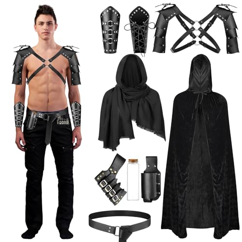 PLULON 9St Mittelalterliches Ritterkostüm Männer Kapuzenumhang Retro-Schal PU-Ledergürtel Schulterschutzschnalle Armschienen Schwert Frosch Flaschenhalter Korkflasche Renaissance Zubehör Halloween PLULON 9St Mittelalterliches Ritterkostüm Männer Kapuzenumhang Retro-Schal PU-Ledergürtel Schulterschutzschnalle Armschienen Schwert Frosch Flaschenhalter Korkflasche Renaissance Zubehör Halloween von PLULON