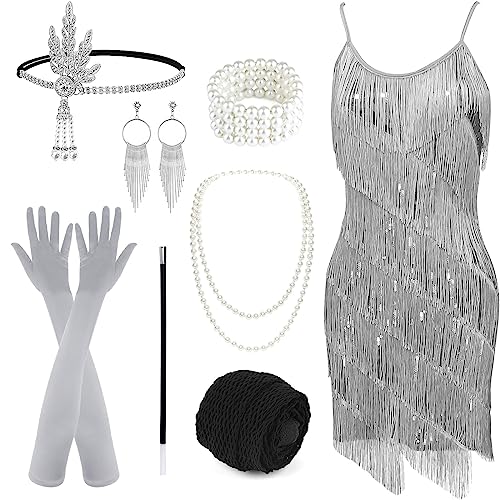 PLULON Damen 1920er Gatsby Pailletten Fransen Vintage Flapper Kleid Cocktailpartykleid mit 20er Jahre Accessoires Kostümset für Abendball (Grau) von PLULON