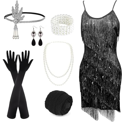 PLULON Damen 1920er Gatsby Pailletten Fransen Vintage Flapper Kleid Cocktailpartykleid mit 20er Jahre Accessoires Kostümset für Abendball (Schwarz) von PLULON