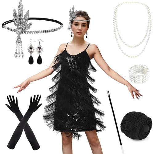 PLULON Damen 1920er Gatsby Pailletten Fransen Vintage Flapper Kleid Cocktailpartykleid mit 20er Jahre Accessoires Kostümset für Abendball (Schwarz) von PLULON