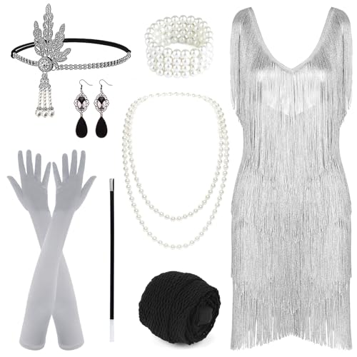PLULON Flapper-Kleid für Damen, 1920er-Jahre, Gatsby, Pailletten, Fransen, V-Ausschnitt, brüllende 20er-Jahre-Kleider, Kostüme mit 20er-Jahre-Accessoires-Set von PLULON