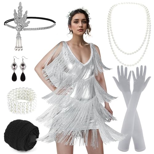 PLULON Flapper-Kleid für Damen, 1920er-Jahre, Gatsby, Pailletten, Fransen, V-Ausschnitt, brüllende 20er-Jahre-Kleider, Kostüme mit 20er-Jahre-Accessoires-Set PLULON Flapper-Kleid für Damen, 1920er-Jahre, Gatsby, Pailletten, Fransen, V-Ausschnitt, brüllende 20er-Jahre-Kleider, Kostüme mit 20er-Jahre-Accessoires-Set von PLULON