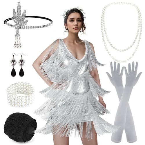 PLULON Flapper-Kleid für Damen, 1920er-Jahre, Gatsby, Pailletten, Fransen, V-Ausschnitt, brüllende 20er-Jahre-Kleider, Kostüme mit 20er-Jahre-Accessoires-Set von PLULON