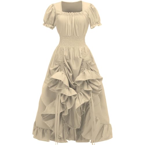 PLWEDDING DDamen Renaissance Kostüme Mittelalterliches Kleid Viktorianisches Hochgeschlossenes Kleid(Champagner,L) von PLWEDDING