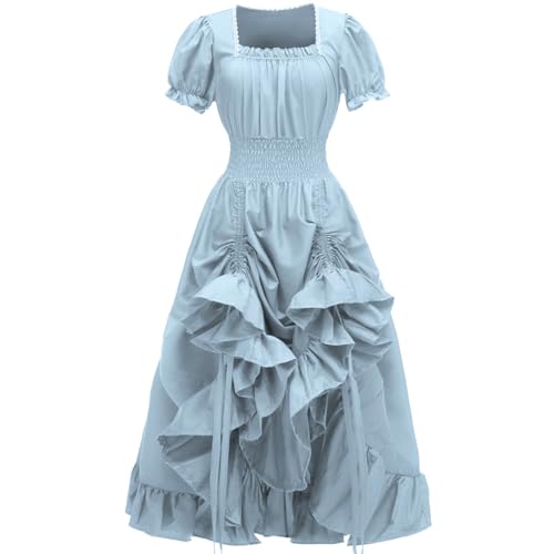 PLWEDDING DDamen Renaissance Kostüme Mittelalterliches Kleid Viktorianisches Hochgeschlossenes Kleid(Himmelblau,S) von PLWEDDING