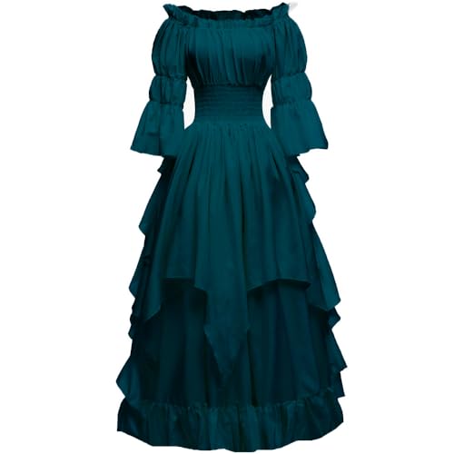 PLWEDDING Damen Gothic Hexen Kleid Mittelalter Renaissance Kostüm Viktorianisches Kleid(Blau,2XL/3XL) von PLWEDDING
