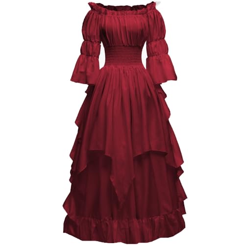 PLWEDDING Damen Gothic Hexen Kleid Mittelalter Renaissance Kostüm Viktorianisches Kleid(Burgund,2XL/3XL) von PLWEDDING