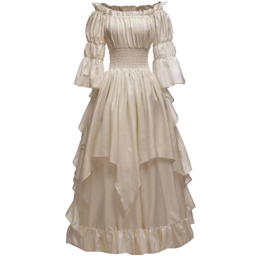 PLWEDDING Damen Gothic Hexen Kleid Mittelalter Renaissance Kostüm Viktorianisches Kleid(Champagner,L/XL) von PLWEDDING