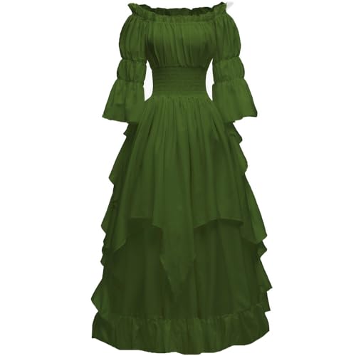 PLWEDDING Damen Gothic Hexen Kleid Mittelalter Renaissance Kostüm Viktorianisches Kleid(Olive,2XL/3XL) von PLWEDDING