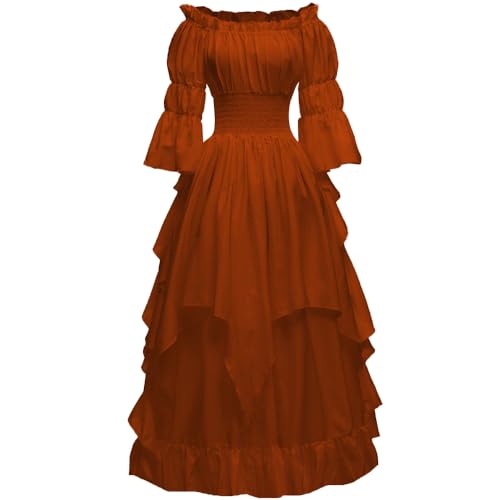 PLWEDDING Damen Gothic Hexen Kleid Mittelalter Renaissance Kostüm Viktorianisches Kleid(Orangebraun,2XL/3XL) von PLWEDDING