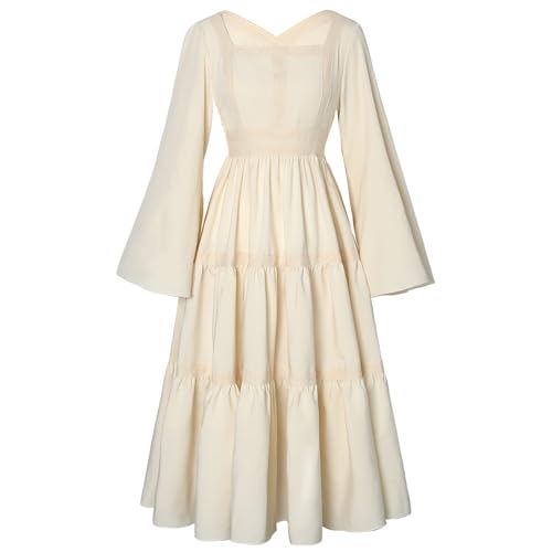 PLWEDDING Renaissance-Kostüm für Damen, mittelalterliches Kleid, langes Kleid mit Glockenärmeln, Ren-Faire-Kleid(Champagner,M) von PLWEDDING