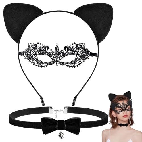 Katzenohren Haarreif Katzenkostüm Damen,Katzenohren-Set für Damen – 1 Katzenohren-Stirnband, 1 Katzenmaske aus Spitze, 1 schwarzes Halsband mit Glocke – Ideal für Halloween, Partys und Cosplay Katzenohren Haarreif Katzenkostüm Damen,Katzenohren-Set für Damen – 1 Katzenohren-Stirnband, 1 Katzenmaske aus Spitze, 1 schwarzes Halsband mit Glocke – Ideal für Halloween, Partys und Cosplay von PMELCXD