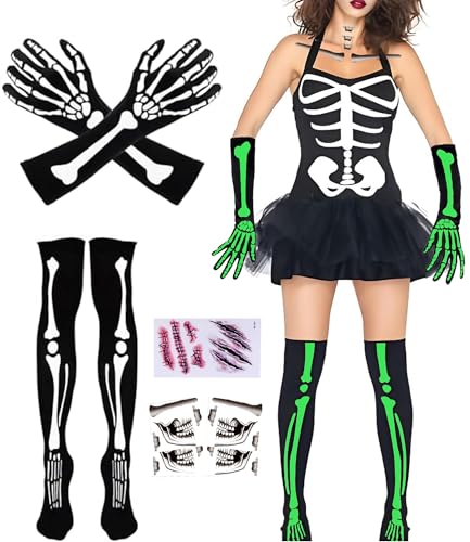 Morph Skelett Bodysuit Damen Halloween Kostüm,Skelett Kostüm Damen für Halloween - Leuchtende Handschuhe, Socken & Tattoos,1 Set Morph Skelett Bodysuit Damen Halloween Kostüm,Skelett Kostüm Damen für Halloween - Leuchtende Handschuhe, Socken & Tattoos,1 Set von PMELCXD