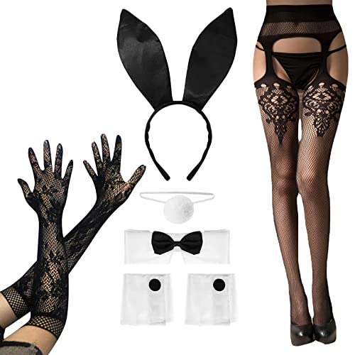 PMELCXD Damen Bunny Kostüm Set,Bunny Kostüm, Damen Bunny Zubehör Set Hasenohren Stirnband Kragen Fliege Kostüm Manschetten Hasenschwanz Kostüm für Damen Ostern Halloween Karneval Cosplay Party von PMELCXD