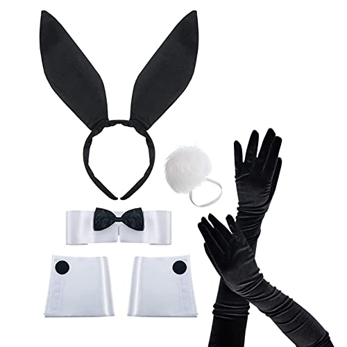 PMELCXD Damen Bunny Zubehör Set, Hasenohren Haarreif Schwanz Set, Hasenohren Stirnband Kragen Fliege Manschetten Hasenschwanz Kostüm für Ostern Karneval Cosplay Kostüm Party von PMELCXD