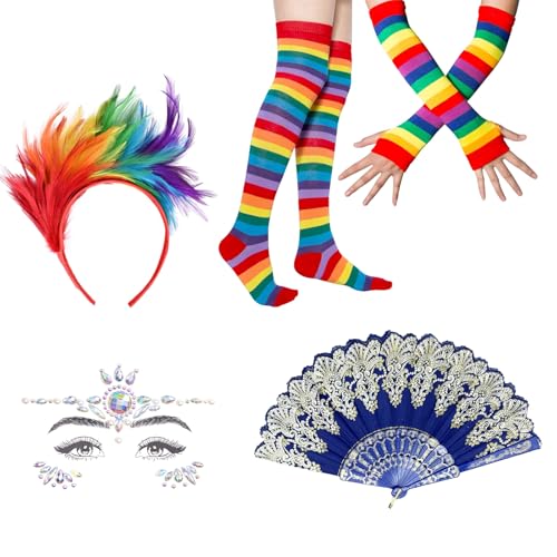 PMELCXD Rainbow Costume Accessories,Regenbogen Accessoires,Damen Lang Feder Regenbogen Haarreif Handschuhe Socken 50er Jahre Rockabilly Kostüm,Damen Tütü Kostümset von PMELCXD