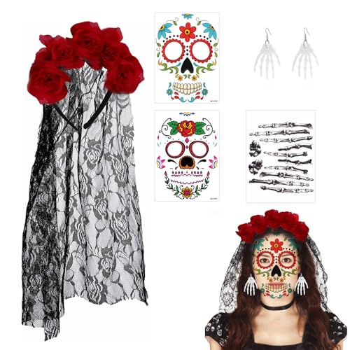 Tag der Toten Haarreif Halloween,Dia de los Muertos Haarreif für Damen mit Rose,schwarzem Schleier und Zubehör-Set, vielseitig für Halloween, mexikanische Feste, mit 2 temporären Tattoos, Ohrringen Tag der Toten Haarreif Halloween,Dia de los Muertos Haarreif für Damen mit Rose,schwarzem Schleier und Zubehör-Set, vielseitig für Halloween, mexikanische Feste, mit 2 temporären Tattoos, Ohrringen von PMELCXD