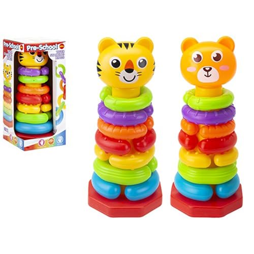 PMS Sortiertes Design, lebendiges Stapel- und Gliederring-Set – 1 Set (Basis, Kopf, 7 x Stapel- und Verbindungsringe) – bunt, ansprechendes Spielzeug, enthält zufälliges Design (Tiger und Bär-Ring-Set von PMS