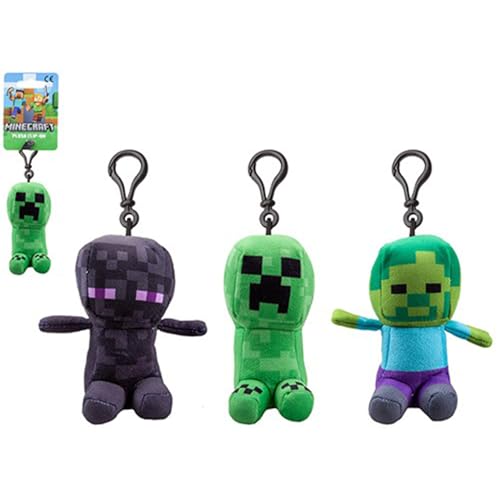 Sortierte Minecraft Mini-Plüschfigur zum Anklipsen – 13 cm, 1 Stück (3 Sortimente: Zombie Steve, Creeper, Enderman) – Plüschtier mit detaillierten Funktionen von PMS