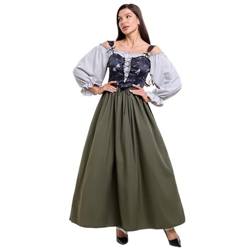 PMUYBHF Katze Frauen Cosplay Kostüm Mittelalterliches Kleid Weste Zweiteiliges Set Elegantes Outfit Für Halloween Party Performance Azula-Cosplay-Kostüm (Army Green, L) von PMUYBHF