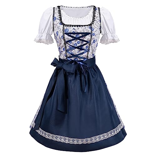 PMUYBHF Mittelalterliche Handschrift Deutsches Kleid Übergröße für Damen mit quadratischem Ausschnitt Schürze Oktoberfest-Biermädchen-Kostüm Pelzigen Wolf Kostüm Cosplay Kinder (Blue S) von PMUYBHF