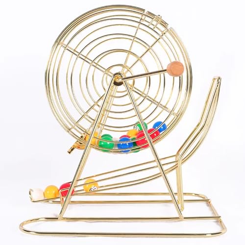 POCDOKYZ Bingo-Set mit abschließbarem Metallkäfig und Rutsche - Handkurbel für den Unterricht, Geburtstagsfeiern, Jahrestreffen (inklusive 100 Bällen),Gold von POCDOKYZ