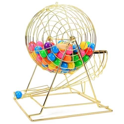 POCDOKYZ Manuelles Bingo-Käfig-Spielset (Bälle Nicht im Lieferumfang enthalten) – fasst 150 Bälle mit doppelschichtigem Metallständer, großer professioneller Drehkäfig für Familienpartyspiele,Gold von POCDOKYZ