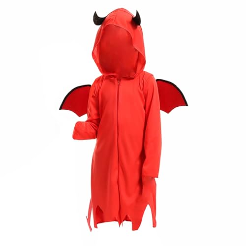 PODOLIXIA Teufelskostüm für Kinder Jungen und Mädchen, Jumpsuit mit Kapuze Halloween/Fasching/Karneval Cosplay Kostüm Halloween Kinder, Rot, 3-10 Jahre von PODOLIXIA