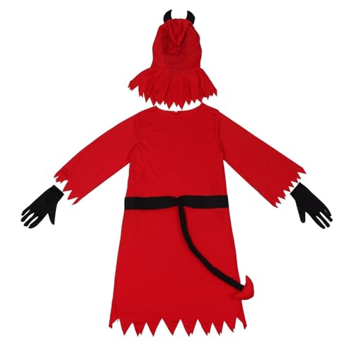 PODOLIXIA Teufelskostüm für Teenager Jungen und Mädchen, 4 Stück (1 Gewand, 1 Kopfbedeckung, 1 Gürtel mit Schwanz, 1 Paar Handschuhe) Dämonen, Teufel, Teufel, für Cosplay und Partys, Rot, 8-14 Jahre von PODOLIXIA