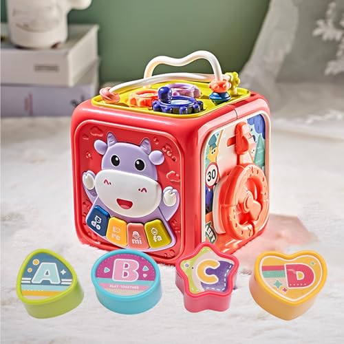 POENVFPO Baby Hexahedron-Spielzeug, Handtrommel und 6-in-1-Formsorter-Sortierer-Reise-Lernwerkzeug mit Musik und Licht für Kleinkinder von POENVFPO