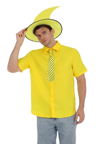 2-teiliges gelber Hut-Kostüm für Herren und Damen, Halloween-Cosplay-Outfit-Set – Filzhut mit schwarzem Gürtel und Krawatte mit schwarzen Punkten (M) von POEWAUVE