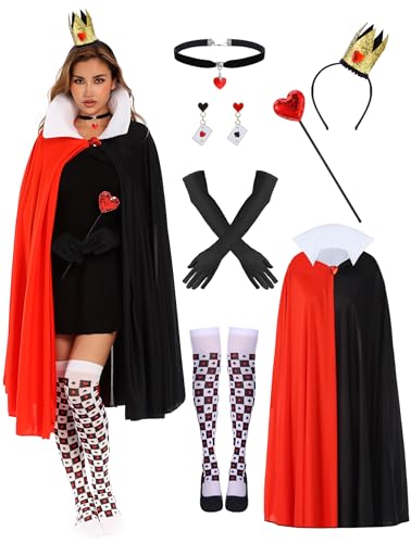 POEWAUVE Halloween-Kostüm-Set mit schwarzem, rotem Umhang, schwarzen Handschuhen, Königin-Krone, Zauberstab, Strümpfen, Ohrringen und roter Herz-Halskette für Damen, Halloween-Kostüm, Verkleidung von POEWAUVE