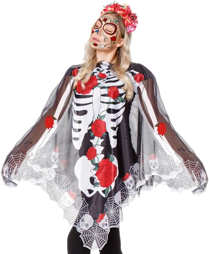 POEWAUVE Halloween-Skelett-Poncho für Damen, Skelett, Tag der Toten, 152,4 x 152,4 cm (ohne Stirnband), Schwarz Weiß, Einheitsgröße von POEWAUVE