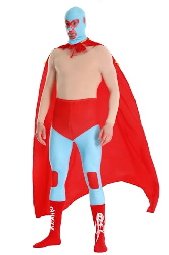 POEWAUVE Nacho Libre Kostüm Erwachsene Wrestler Kostüm mit Luchador Maske, rot, blau, L von POEWAUVE