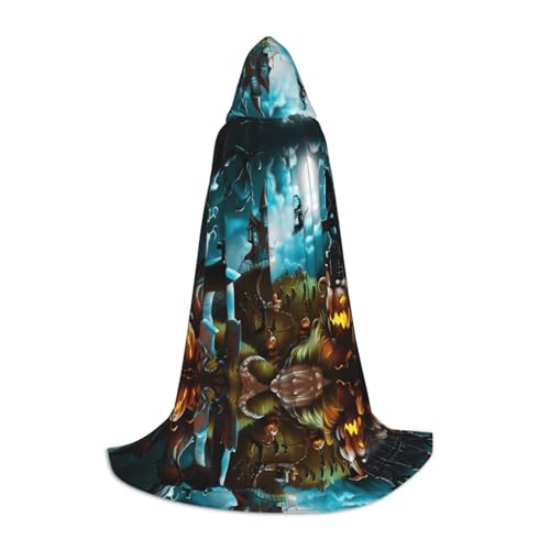 POEZJZW Halloween-Kürbis-Friedhofsmuster, Kapuzenumhang, für Damen und Herren, Halloween-Kostüm, Maskerade, Cosplay, Kostüm, Weihnachten, Party, Robe, Größe S von POEZJZW