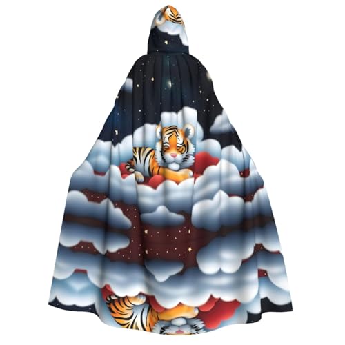 POEZJZW Kapuzenumhang mit Tigerjunges in den Wolken, Erwachsenenkostüm, für Damen und Herren, Halloween-Kostüm, Maskerade, Cosplay, Kostüm, Weihnachten, Party, Robe von POEZJZW
