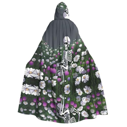 POEZJZW Umhang mit Kapuze für Erwachsene, Skelett in einem Meer von Blumen, Halloween-Kostüm, Maskerade, Cosplay, Kostüm, Weihnachten, Party, Robe von POEZJZW