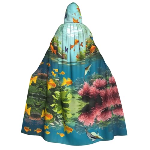 POEZJZW Umhang mit Kapuze für Erwachsene mit Wasserpflanzen und Fischen, für Damen und Herren, Halloween-Kostüm, Maskerade, Cosplay, Kostüm, Weihnachten, Party, Robe von POEZJZW