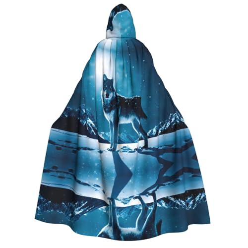 POEZJZW Umhang mit Kapuze und Wolf auf dem Schneeberg, für Damen und Herren, Halloween-Kostüm, Maskerade, Cosplay, Kostüm, Weihnachten, Party, Robe von POEZJZW