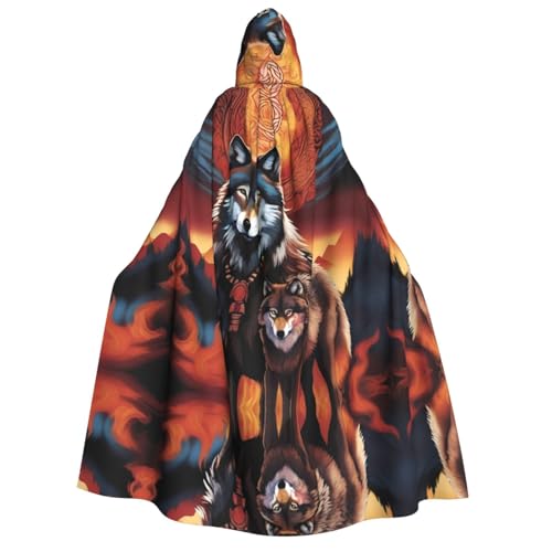 POEZJZW Wolf-Totem mit Feuer, Erwachsenen-Kapuzenumhang für Damen und Herren, Halloween-Kostüm, Maskerade, Cosplay, Kostüm, Weihnachten, Party, Robe von POEZJZW