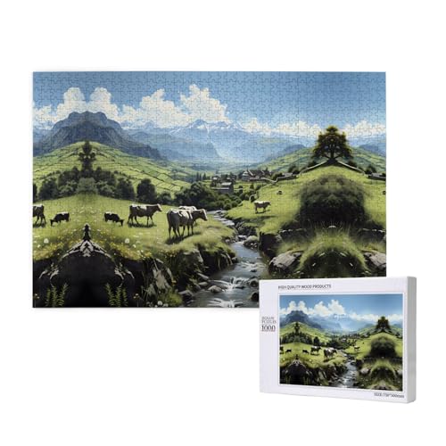 Poezjzw Alpenbauernhofkühe für Erwachsene, klassisches Puzzle, 1000 Teile, Holzpuzzle, moderne Heimdekoration, intellektuelles Spiel, 75 x 50 cm von POEZJZW
