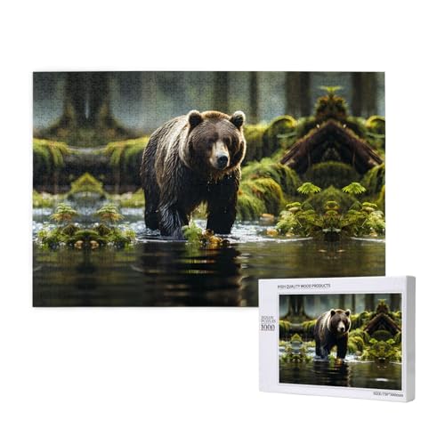 Poezjzw Brown Bear Pounce Klassisches Puzzle für Erwachsene, 1000 Teile, Holzpuzzle, moderne Heimdekoration, intellektuelles Spiel, 75 x 50 cm von POEZJZW
