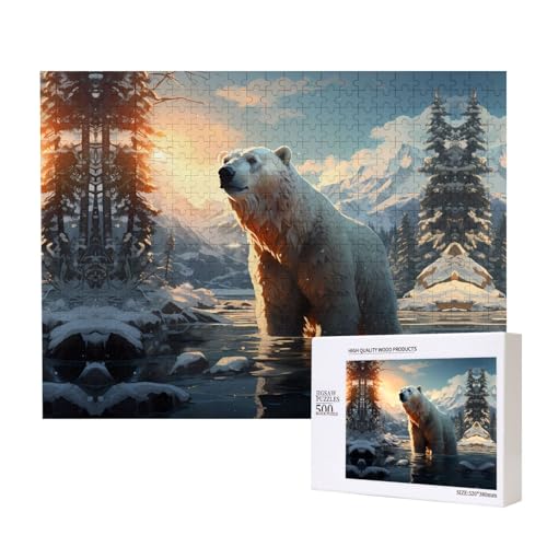 Poezjzw Eisbär im Winter, klassisches Puzzle für Erwachsene, 500 Teile, Holzpuzzle, moderne Wohnkultur, intellektuelles Spiel, 52 x 38 cm von POEZJZW