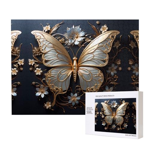 Poezjzw Goldene weiße Schmetterlinge für Erwachsene, klassisches Puzzle, 500 Teile, Holzpuzzle, moderne Wohnkultur, intellektuelles Spiel, 52 x 38 cm von POEZJZW