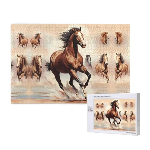 Poezjzw Holzpuzzle "Prancing Brown Horse", klassisches Puzzle, 1000 Teile, modernes Heimdekor, intellektuelles Spiel, 75 x 50 cm von POEZJZW