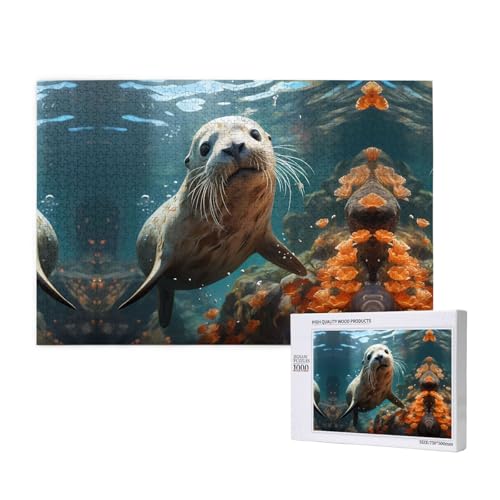 Poezjzw Holzpuzzle "Seal Pup In Water", klassisches Puzzle, 1000 Teile, modernes Heimdekor, intellektuelles Spiel, 75 x 50 cm von POEZJZW