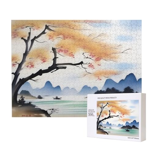 Poezjzw Ink Landscape Klassisches Puzzle für Erwachsene, 500 Teile, Holzpuzzle, moderne Wohnkultur, intellektuelles Spiel, 52 x 38 cm von POEZJZW