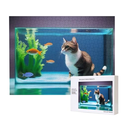 Poezjzw Katze im Aquarium Klassisches Puzzle für Erwachsene, 500 Teile, Holzpuzzle, moderne Wohnkultur, intellektuelles Spiel, 52 x 38 cm von POEZJZW