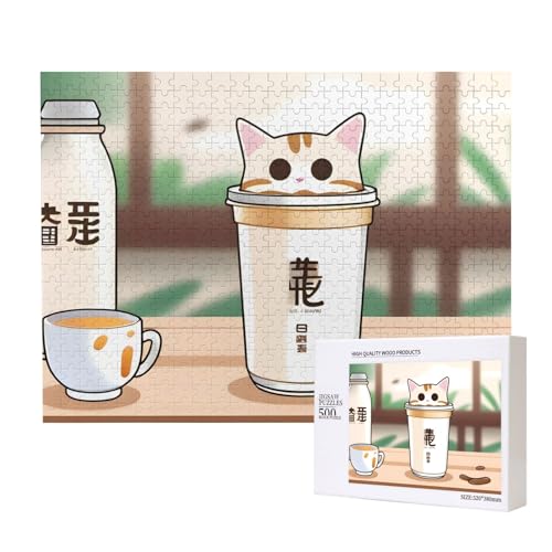 Poezjzw Katzenform, Milchtee, klassisches Puzzle für Erwachsene, 500 Teile, Holzpuzzle, moderne Wohnkultur, intellektuelles Spiel, 52 x 38 cm von POEZJZW